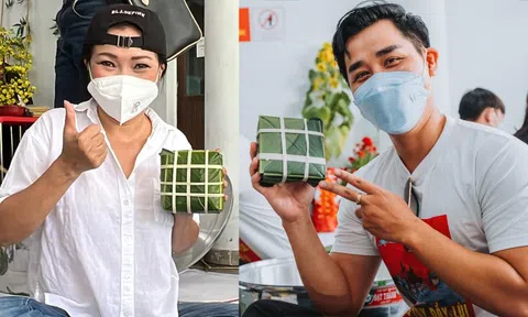 Phương Thanh, Nguyên Khang gói bánh chưng cùng y bác sĩ bệnh viện dã chiến