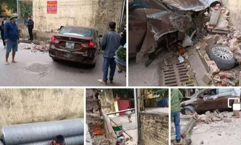 Tài xế nghi say xỉn tông 2 vợ chồng đi xe máy trọng thương, lao lên vỉa hè tông sập tường