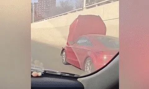 Nữ tài xế Audi vẫn lái 'phăm phăm' dù nắp ca-pô dựng ngược, che hết tầm nhìnicon