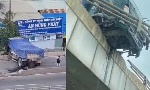 Kinh hãi xe ben suýt rơi từ cầu vượt Amata xuống đường đông phương tiện