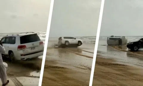 Trổ tài ‘drift’ trên bãi biển, tài xế khiến chiếc Toyota Land Cruiser lật nhào