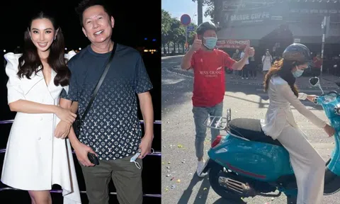 Hoa hậu Thùy Tiên lái xe máy chở chủ tịch Miss Grand International