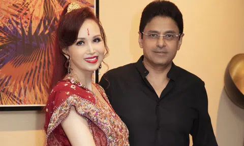 Hoa hậu Diệu Hoa mặc sari đi sự kiện cùng chồng