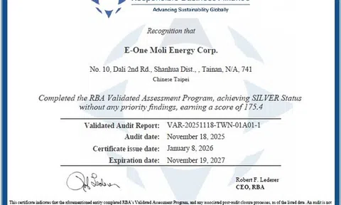 Molicel đạt chứng nhận RBA Hạng Bạc, thiết lập chuẩn mực mới cho sản xuất pin có đạo đức và bền vững